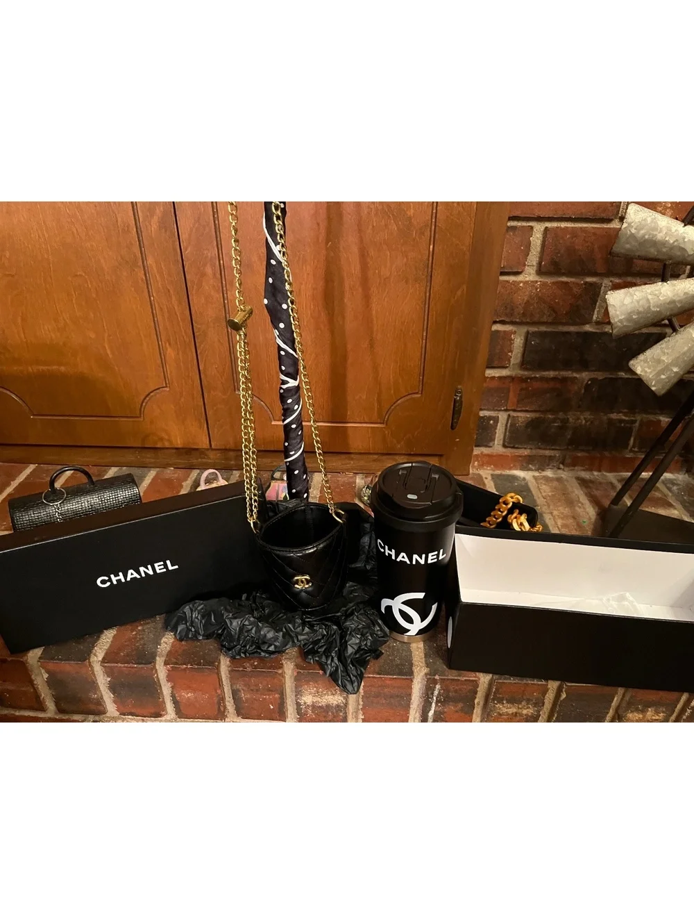 GWP - CHANEL Black and Gold Travel Mug with Quilted Crossbody Cup Holder